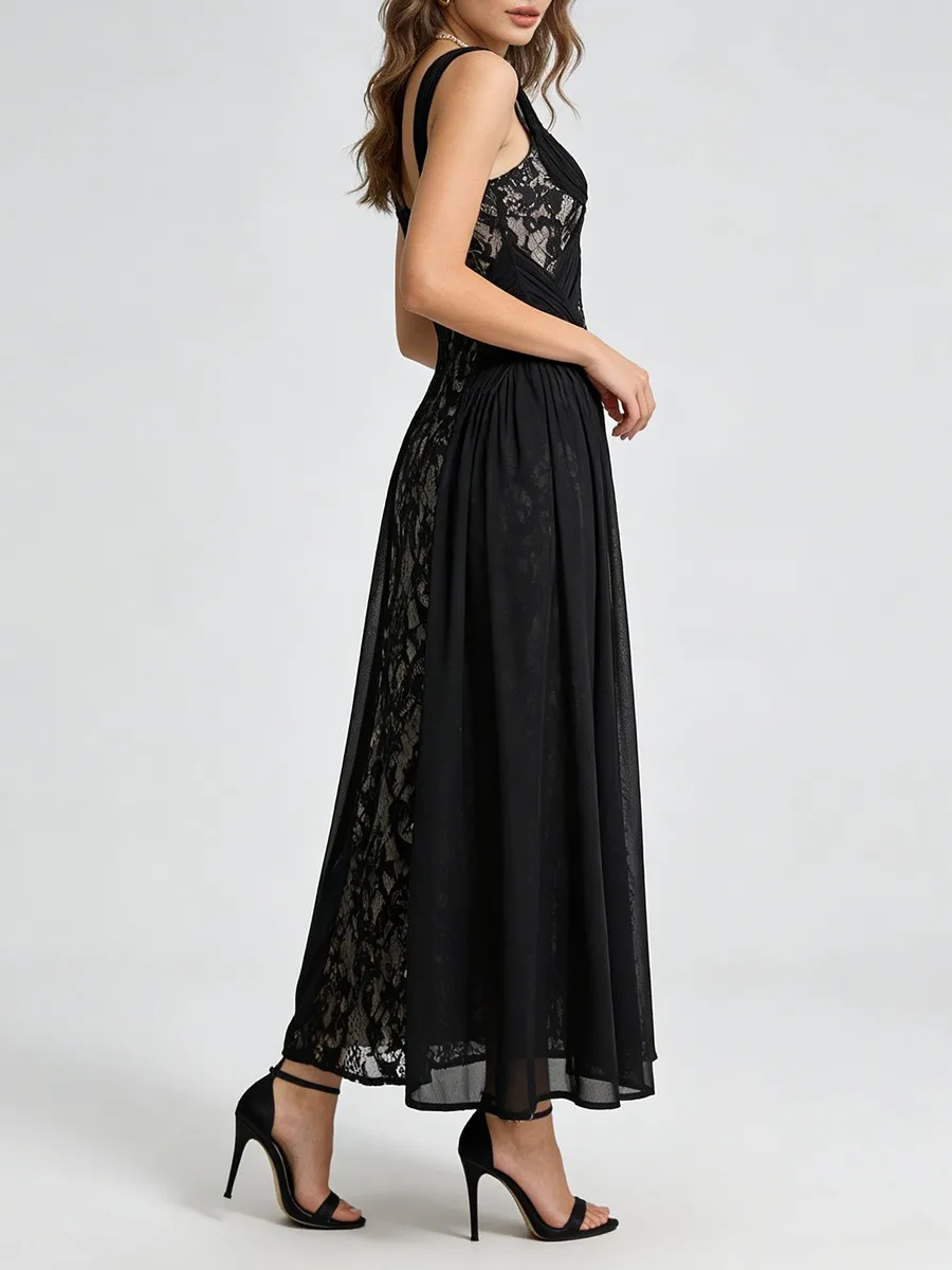 TWOTWINSTYLE Vestidos Largos Sexys de Encaje con Recortes para Mujer, Cuello en V, Sin Mangas, con Pliegues, Vestido Entallado, Ropa Femenina