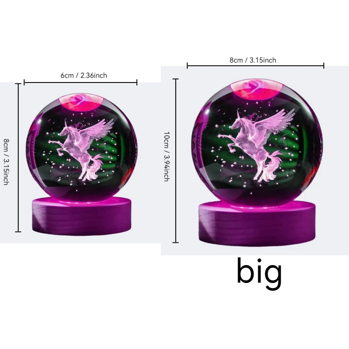 1 bola de cristal tallada con láser 3D de unicornio con portalámparas LED de color madera, decoración del hogar, novia, colega, nacimiento de esposa