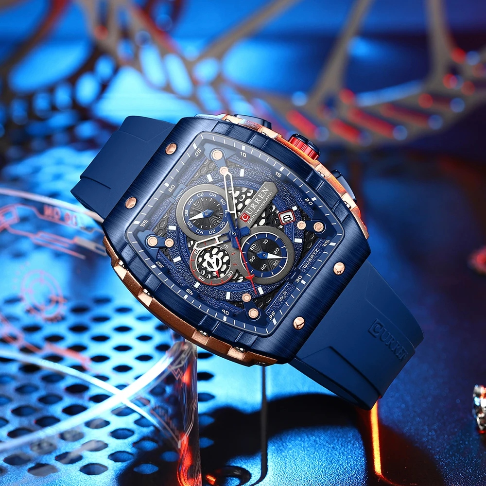 Reloj deportivo CURREN Tonneau con esfera para hombre, reloj de pulsera de cuarzo resistente al agua con fecha automática, correa de silicona amarilla luminosa