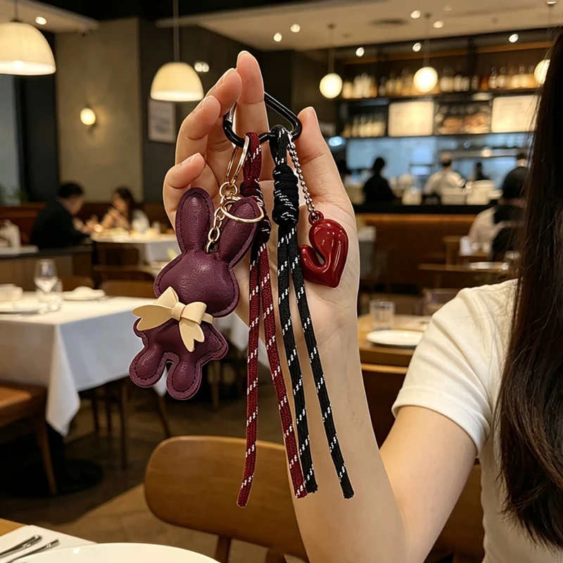 Nuevo Llavero de Piel Sintética con Diseño de Conejo y Corazón, Colgante de Color Sólido para Bolsos, Accesorios, Regalo