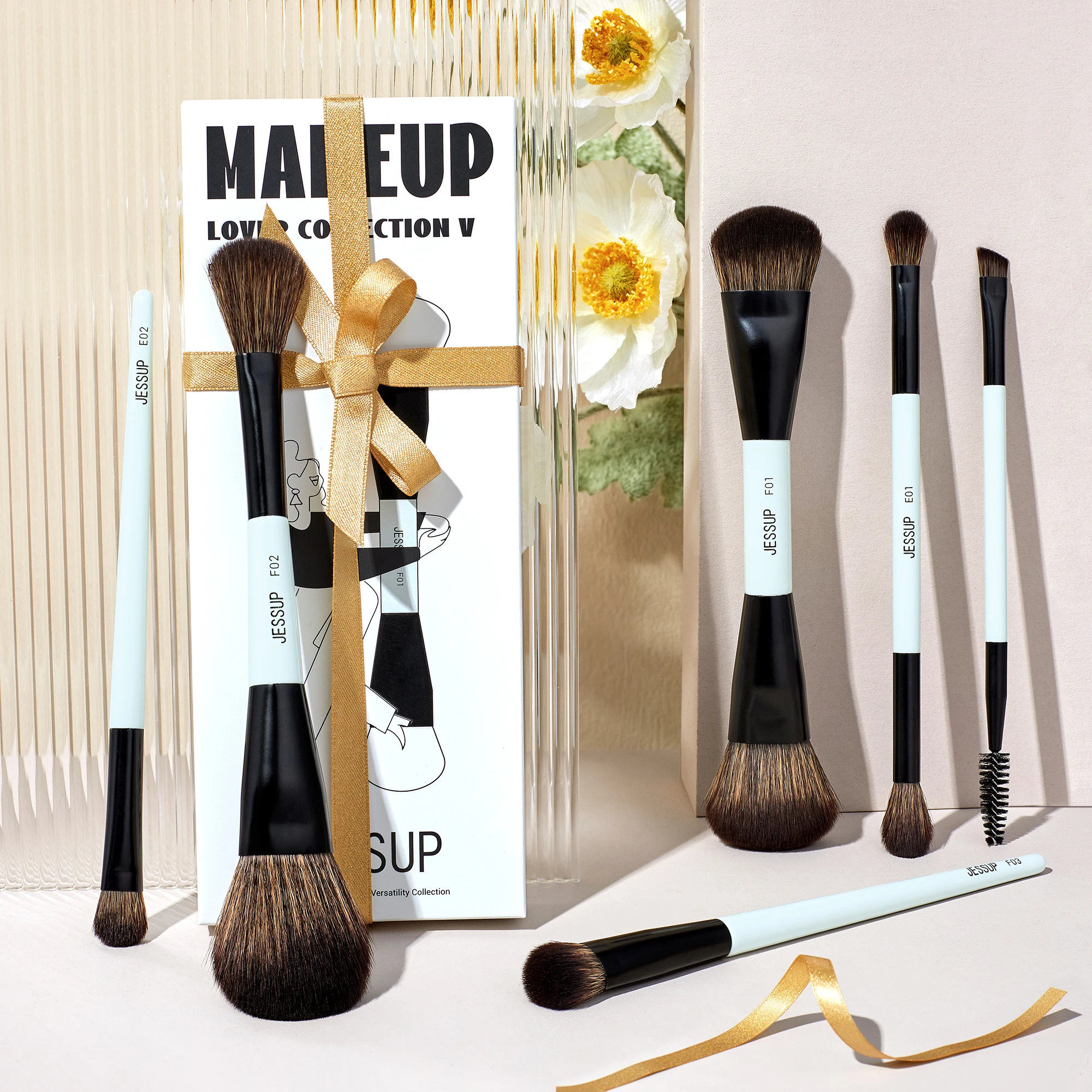 Jessup-Juego de brochas de maquillaje, brochas de maquillaje de doble cara, base, contorno, colorete, mezcla de sombra de cejas, fibra cian brillante T501