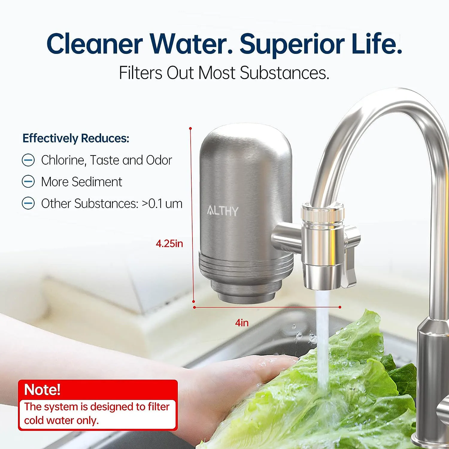 ALTHY Sistema purificador de filtro de agua para grifo de acero inoxidable, certificado NSF reduce plomo, cloro y cocina de buen gusto