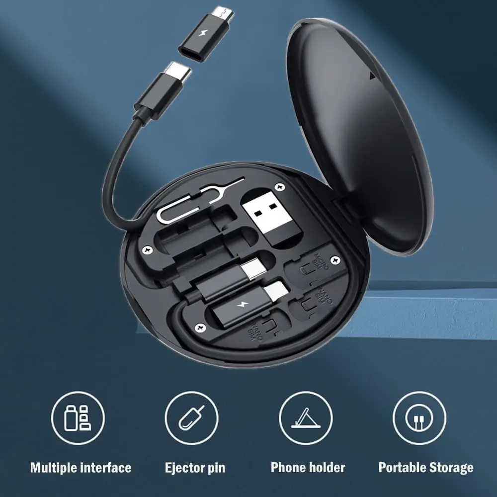 Caja de Almacenamiento de Cables de Datos Multifuncional Portátil, Soporte para Teléfono Móvil con Carga Rápida de 60W, Juego de Cables de Carga, Conversor Multi-Cabeza