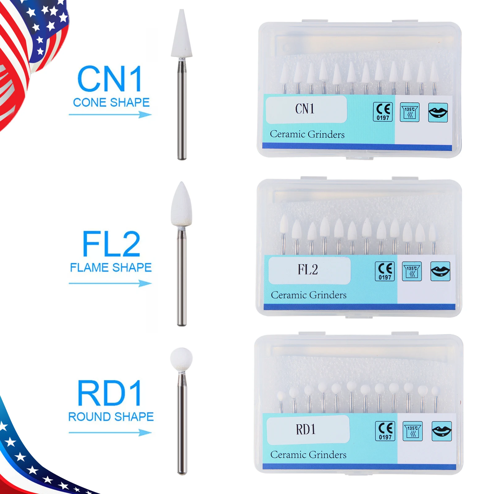 12 unids/caja fresas de pulido de piedra blanca Dental FG 1,6mm cono/flame/forma redonda fresa de abrasión para pieza de mano de alta velocidad FL2 CN1 RD1
