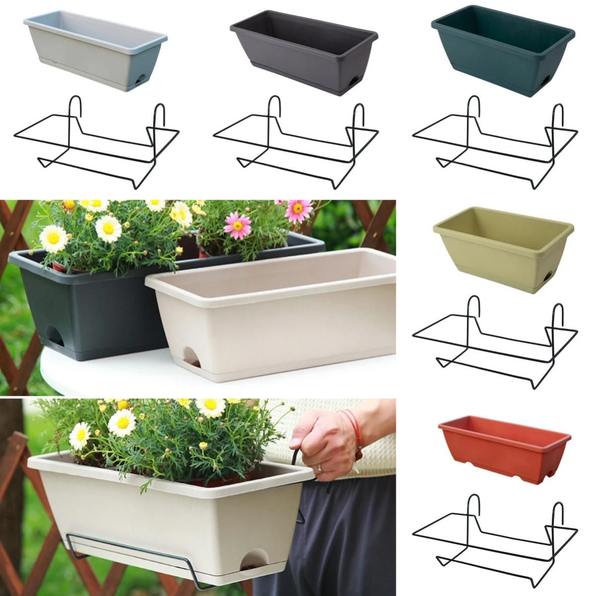 1 Juego de macetero de flores y verduras para balcón con bandeja y estante de plástico para jardín, maceta larga colgante Rectangular Simple para flores