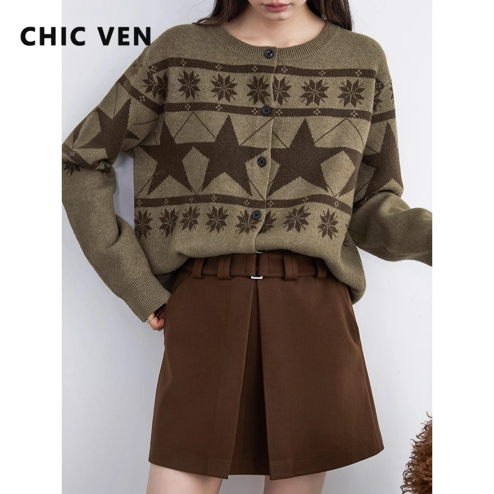 CHIC VEN moda mujer faldas sólido nuevo de cintura alta A-line Slim señoras media falda cadera abrazando Otoño Invierno 2025