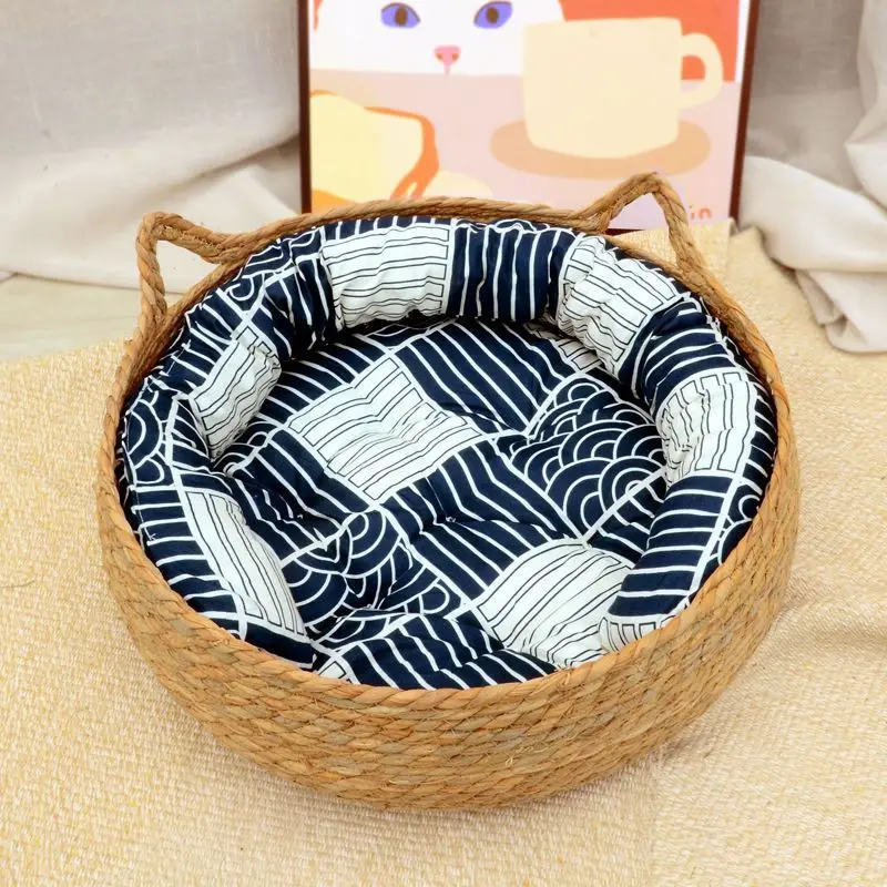 OUZEY-cesta tejida de mimbre para gatos, cama para gatos con cojín, suave y cálida, cama para cachorros y gatitos, Donut, redonda, cómoda, para dormir