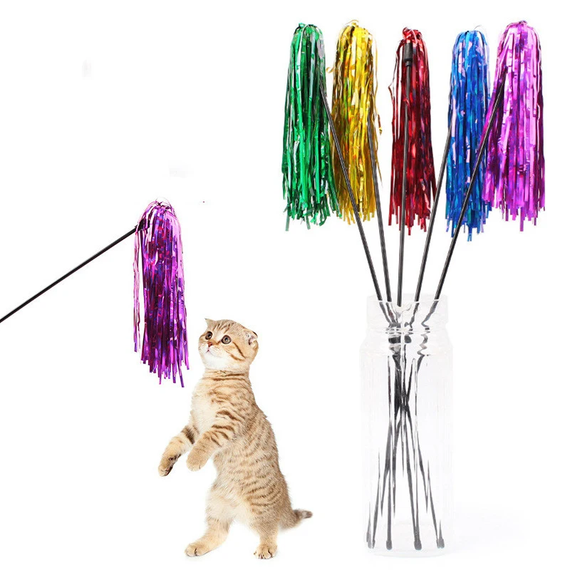 Varita de juguete con cinta de colores para gato, varita divertida para gatito, palo de plástico Teaser para mascotas, juguetes interactivos