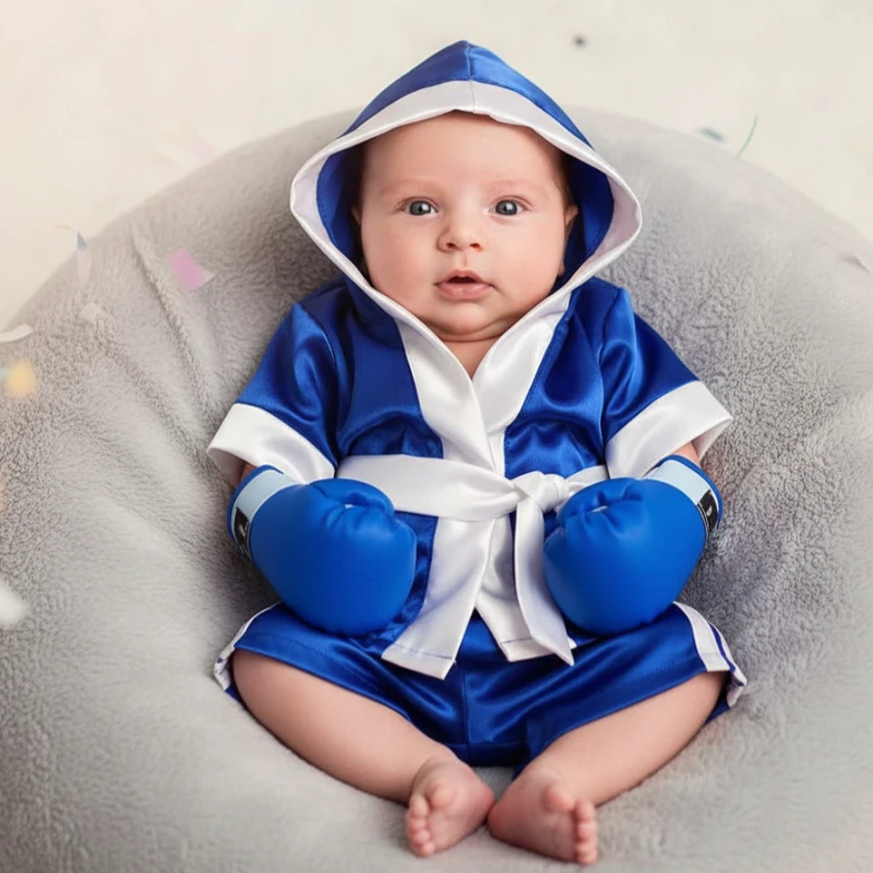 Trajes de fotografía para recién nacidos, conjunto de bata de boxeo para bebé con guantes, pantalones cortos tipo bóxer, accesorios, disfraces de campeón de boxeo