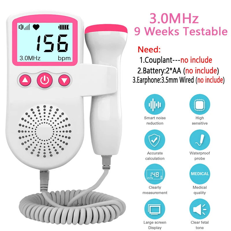 Doppler Fetal portátil de bolsillo, dispositivo Detector de ultrasonido, Monitor de latidos, 3,0 MHz, sonido del corazón del bebé, embarazo