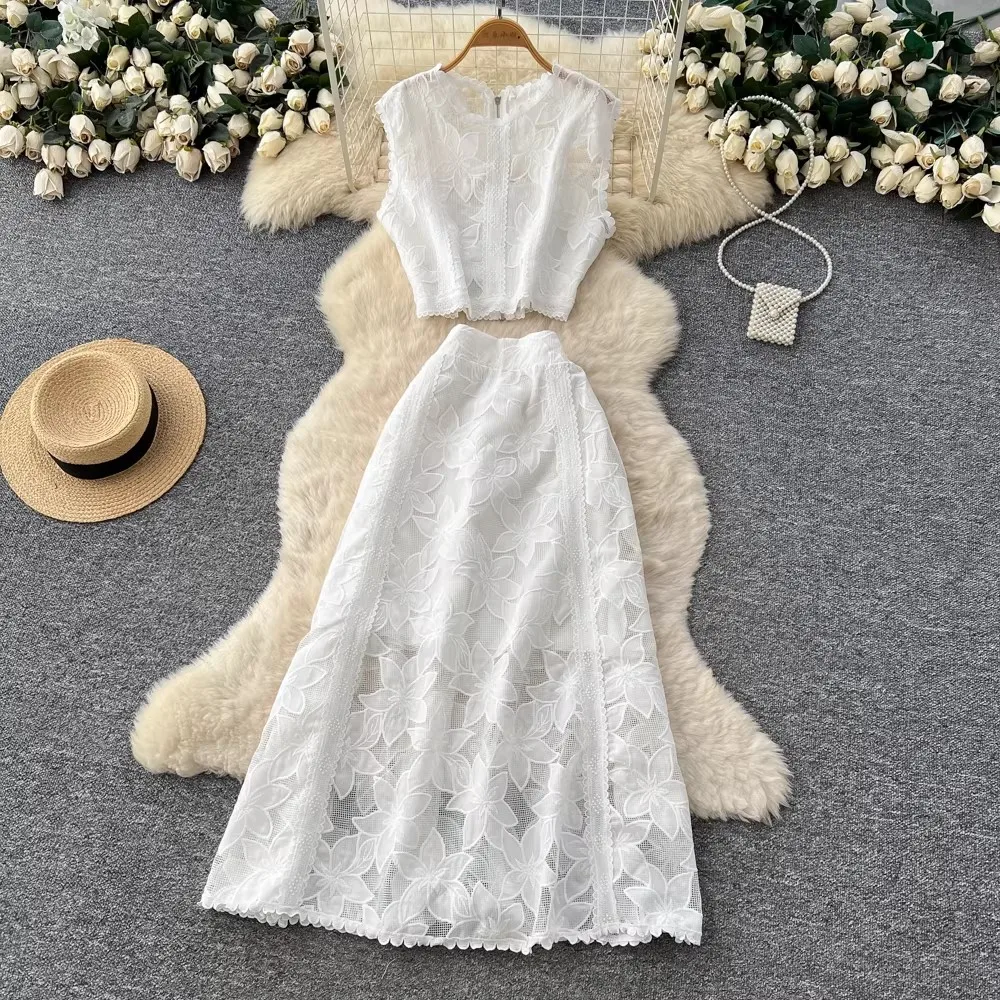 Conjuntos de dos piezas bordados para mujer, elegantes, con aberturas, de ganchillo, top corto sexy, faldas midi de línea A, trajes de 2 piezas, vestidos largos de encaje