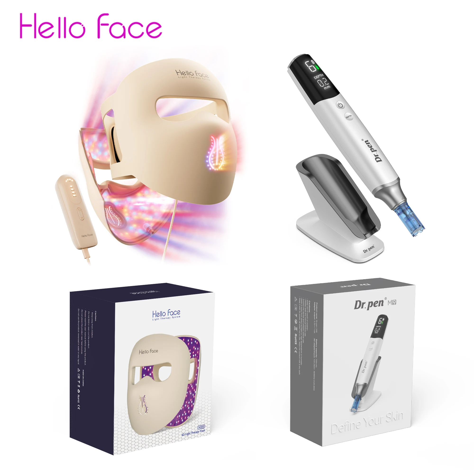 2 en 1 M9 Dr. Lápiz de Microneedling con Chip de Aguja de ≤0.25mm y Control de Valor, Combo con Máscara de Silicona LED de Fotones Hello Face M300