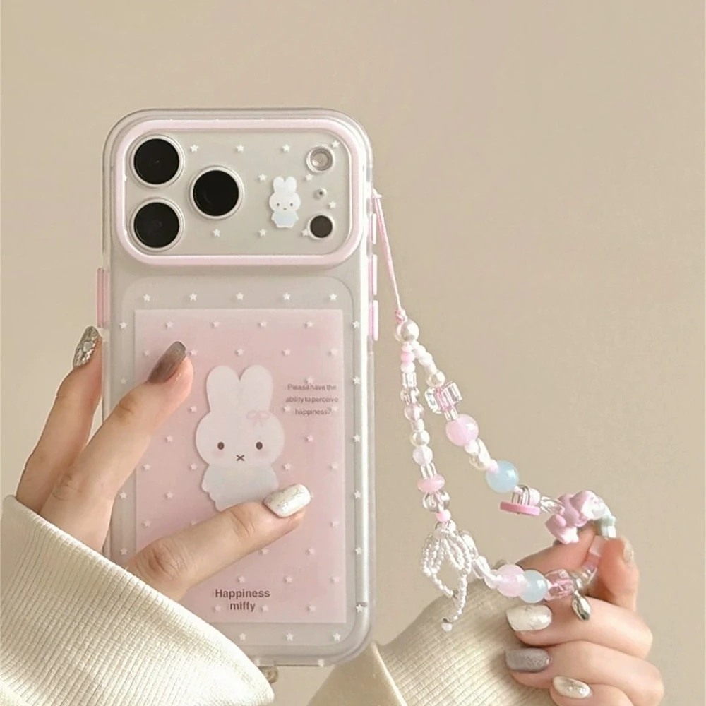Funda de Teléfono Kawaii Coreana con Diseño de Conejita Miffy para iPhone 17 Pro, 16, 15 Pro Max, Carcasa Rígida Antigolpes con Cordón