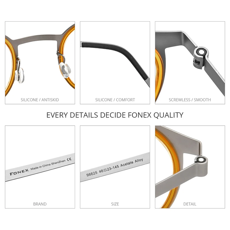 Montura de gafas de aleación de acetato FONEX para hombre, gafas redondas de diseño de marca, gafas coreanas ultraligeras de Dinamarca Morten sin tornillos 98625