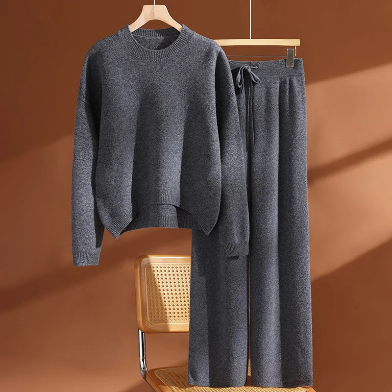 Conjunto de lana de 100% para mujer, jersey con cuello redondo, pantalones de pierna ancha, suéter de Cachemira liso holgado y grueso para otoño e invierno, pantalones de punto, traje