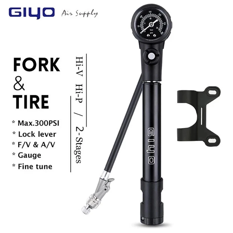 Bomba de Aire para Suspensión de Bicicleta Giyo MTB 300psi con Manómetro, Inflador de Neumáticos para Bicicleta con Válvulas Schrader y Presta, Bomba para Horquilla de Bicicleta