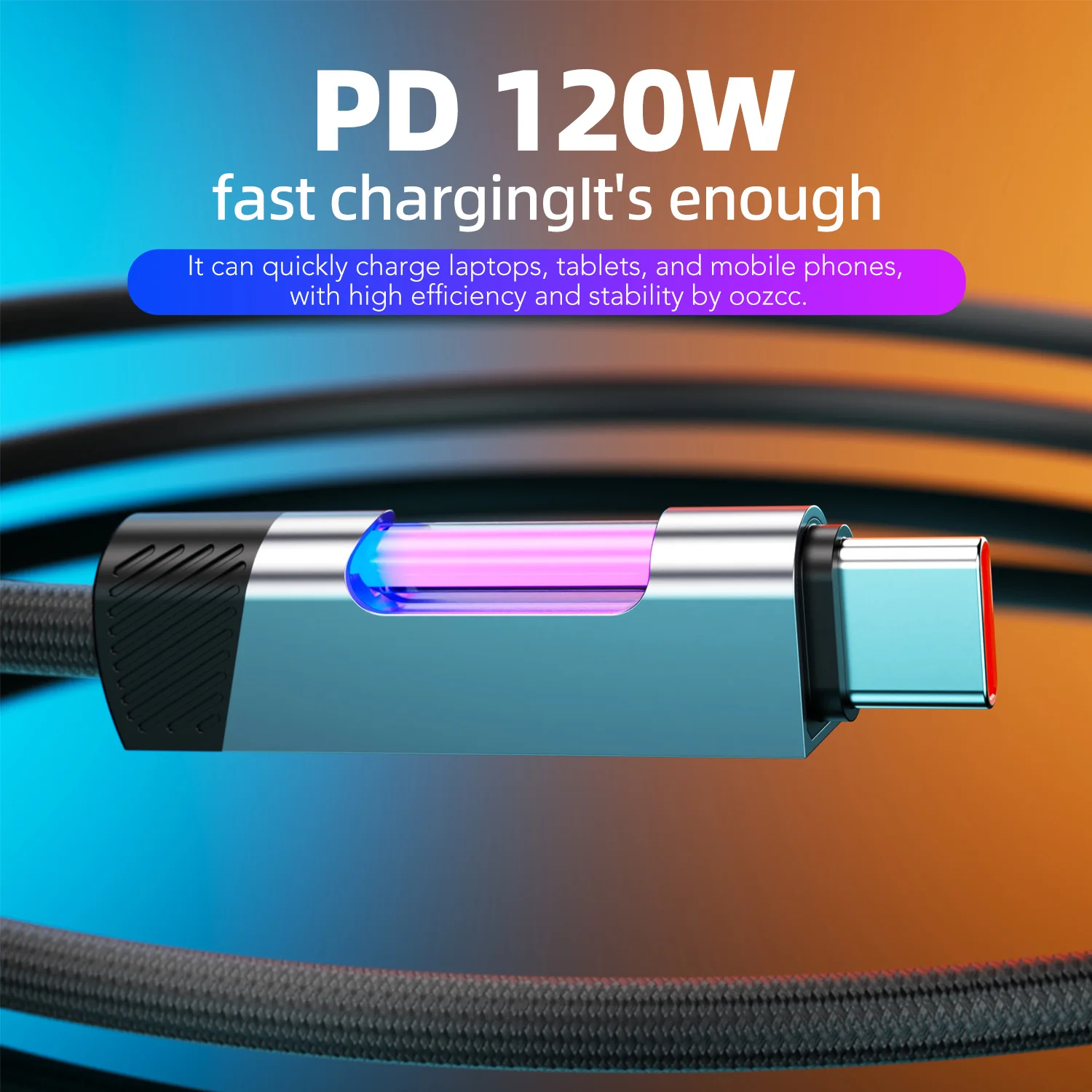 Cable de carga rápida RGB 120W 6A Cable de carga USB tipo C con luz ambiental RGB