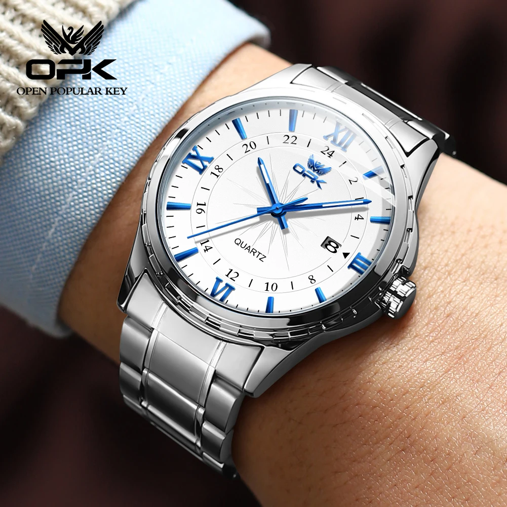 Reloj de cuarzo para hombre con doble calendario y correa de acero marca OPK 6003