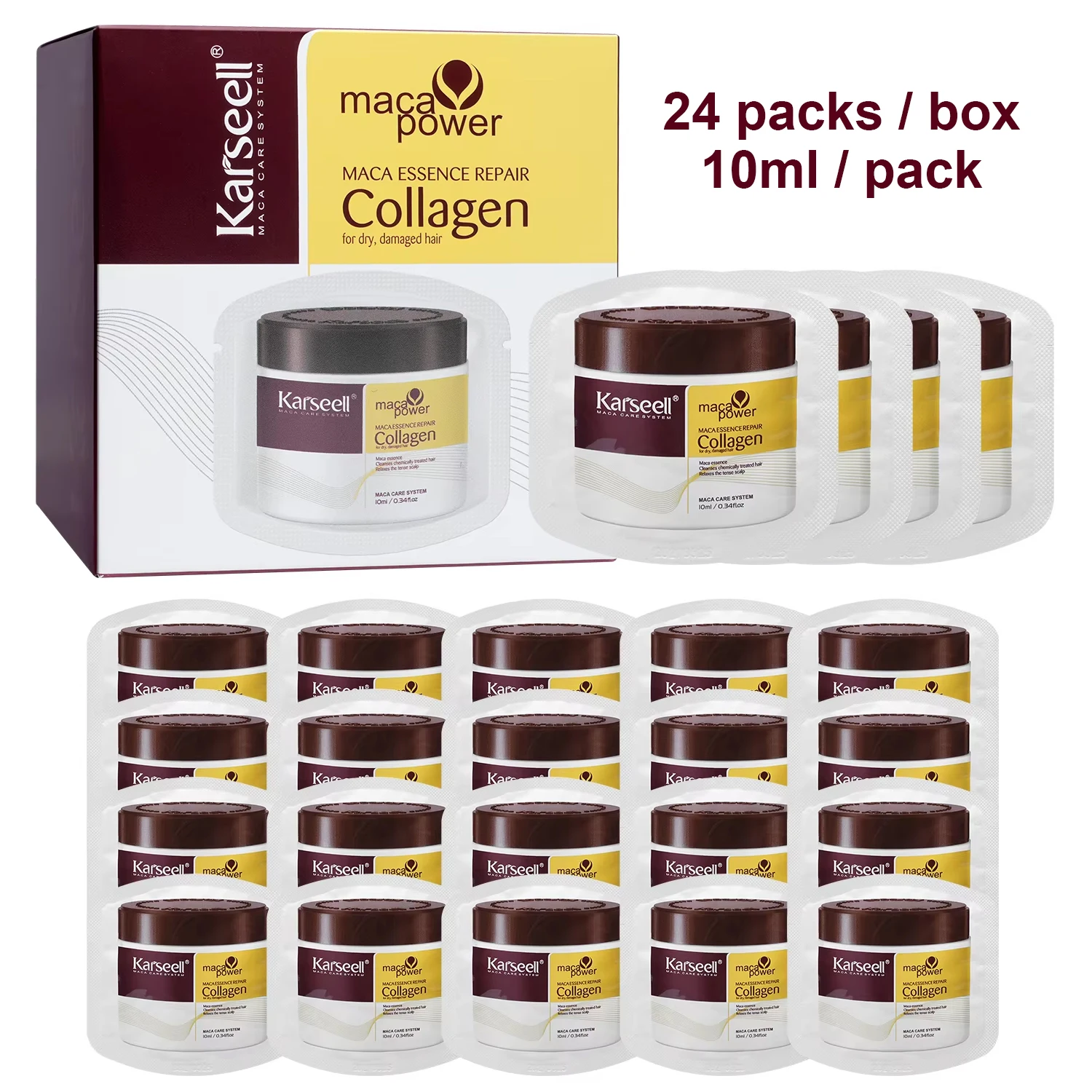 Karseell - 24 Paquetes/Caja de Mascarilla Capilar de Colágeno, Esencia de Colágeno para el Cabello, Tratamiento Capilar de Reparación Profunda, Acondicionador con Aceite de Argán para Cabello Seco y Dañado
