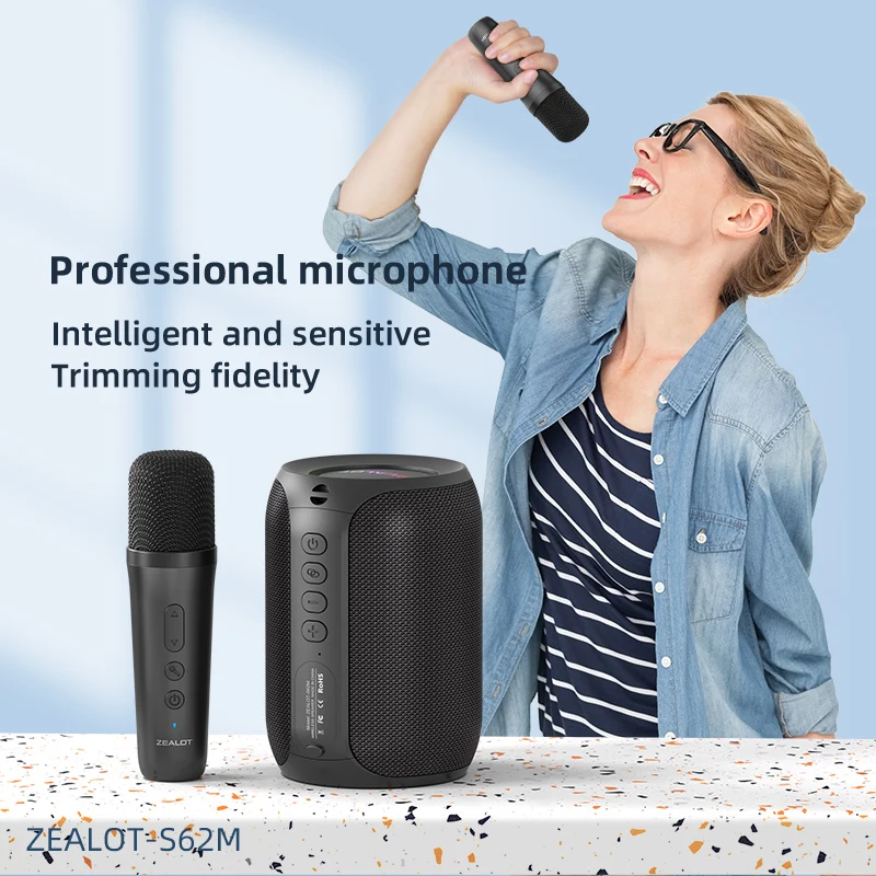 Máquina de Karaoke ZEALOT-S62M, Sistema de Altavoces Portátil con Bluetooth 5.3, con 1-2 Micrófonos Inalámbricos, Regalos para el Hogar, la Familia y Festivales