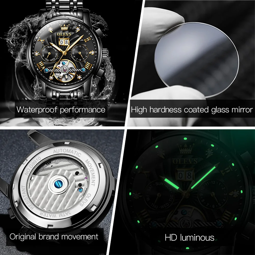 OLEVS Relojes clásicos para hombre Tourbillon Reloj multifunción completamente automático para hombre Relojes de pulsera masculinos de alta gama