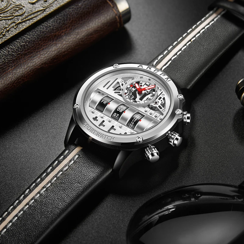 Reloj de cuarzo electrónico de lujo para hombre, relojes de negocios, reloj de pulsera creativo para hombre, relojes con correa de cuero con fecha giratoria única