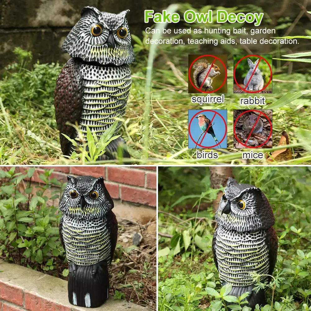 Señuelo de búho falso realista con cabeza giratoria para jardín, escultura de búho disuasorio de aves al aire libre, repelente de aves, Control de plagas