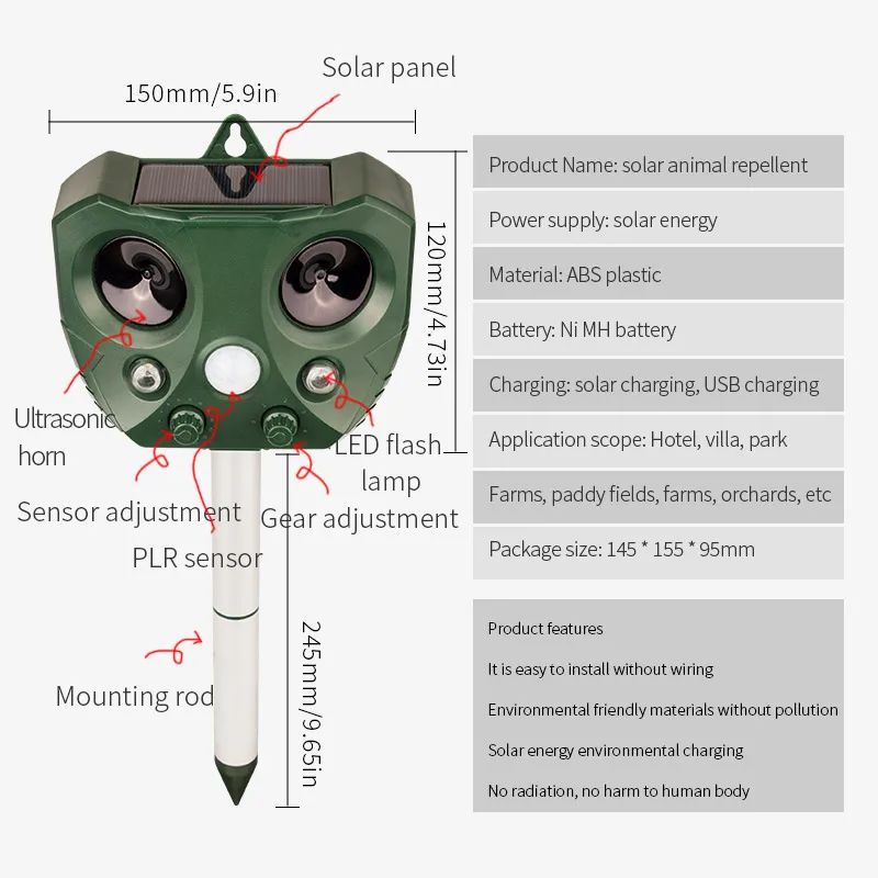 Herramienta repelente ultrasónica, disuasivo de animales recargable Solar con Sensor de movimiento PIR, espantapájaros de ardilla para Control de plagas de jardín