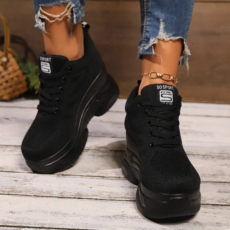 Zapatillas de deporte con cuña de malla transpirable para mujer, zapatos deportivos cómodos con cordones y plataforma gruesa, zapatos antideslizantes de punto para caminar
