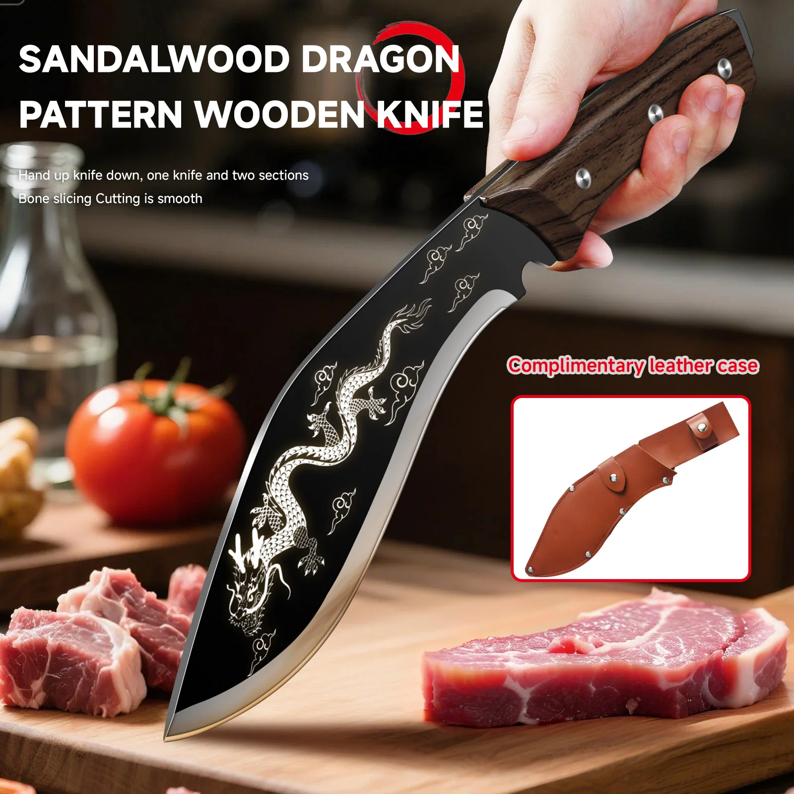 Stainless Steel Dragon Flower Pattern Chopping Meat Cleaver Hand Forged Kitchen Knife Wooden Handle Butcher Knife