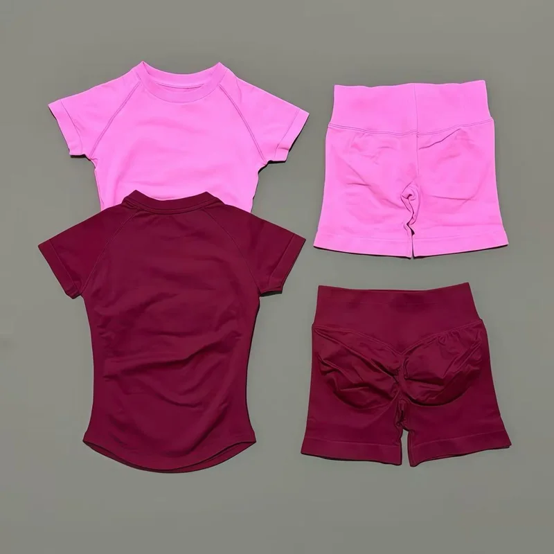 Conjunto Deportivo de 2 Piezas para Mujer, Conjunto de Yoga sin Costuras, Ropa Deportiva para Gimnasio, Top de Manga Corta, Leggings Cortos Deportivos