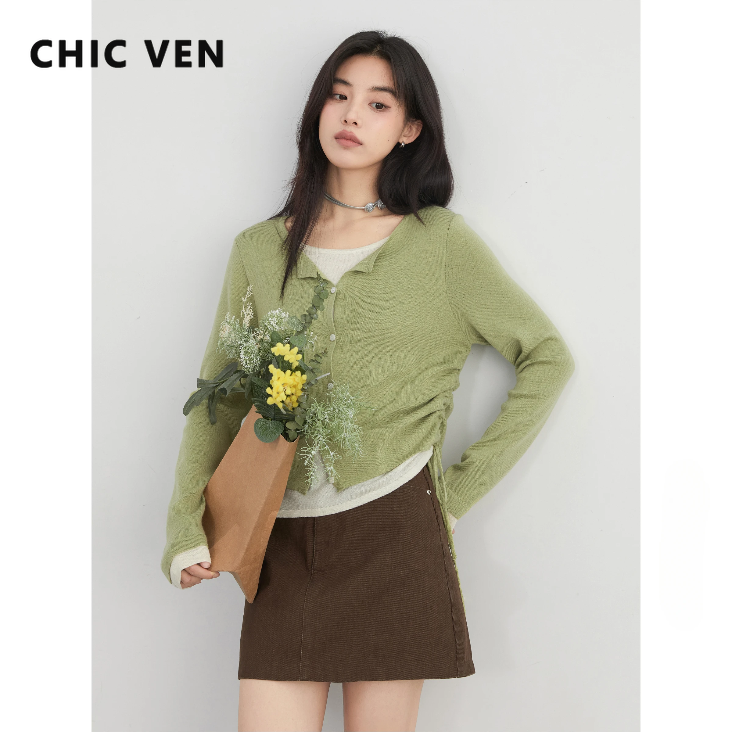 CHIC VEN-suéteres coreanos para mujer, Jersey ajustado con diseño, Top femenino con cuello redondo y cordón en la cintura, jerséis tejidos para primavera y verano 2025