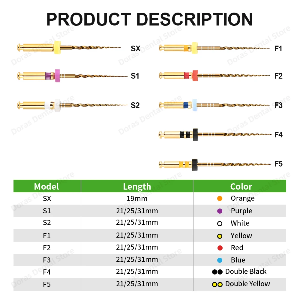 Glin Dental - Limas Flexibles de Oro para Endodoncia, Limas Rotatorias Doradas, 21/25/31 mm, Instrumento de Níquel Titanio para Odontología
