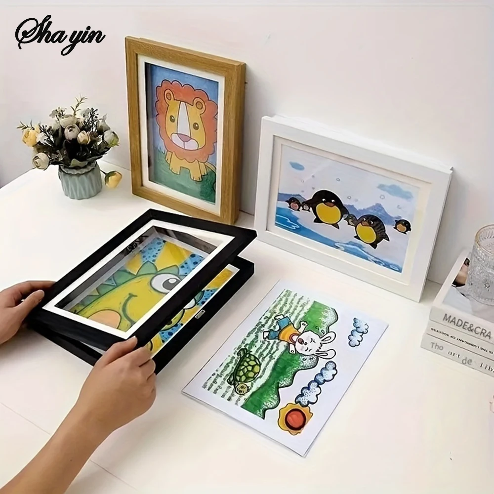 Marco de fotos de madera abatible hacia arriba, marco de succión magnética, marco de fotos para niños A4, marco de almacenamiento, marco de certificado de trabajo artístico