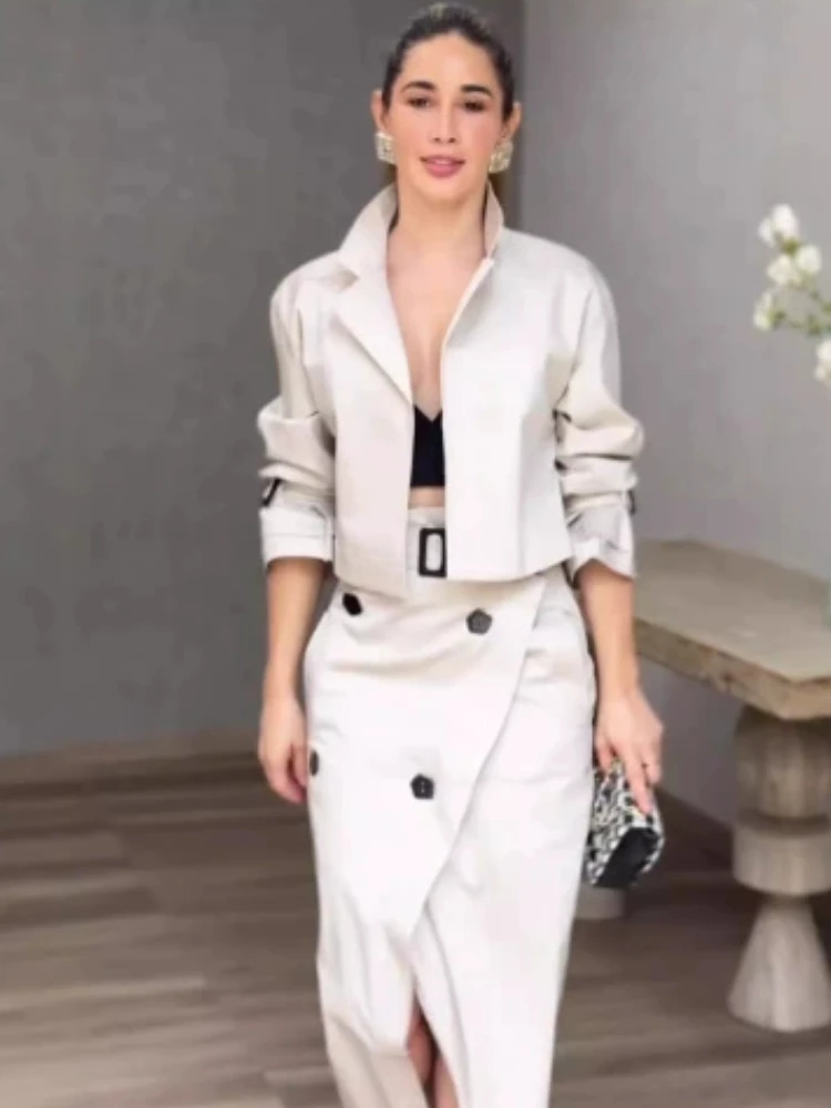 Conjuntos de dos piezas a la moda, chándal de oficina para mujer, ropa de calle, conjunto de carga, chaqueta de manga larga y traje envolvente con faldas con abertura alta