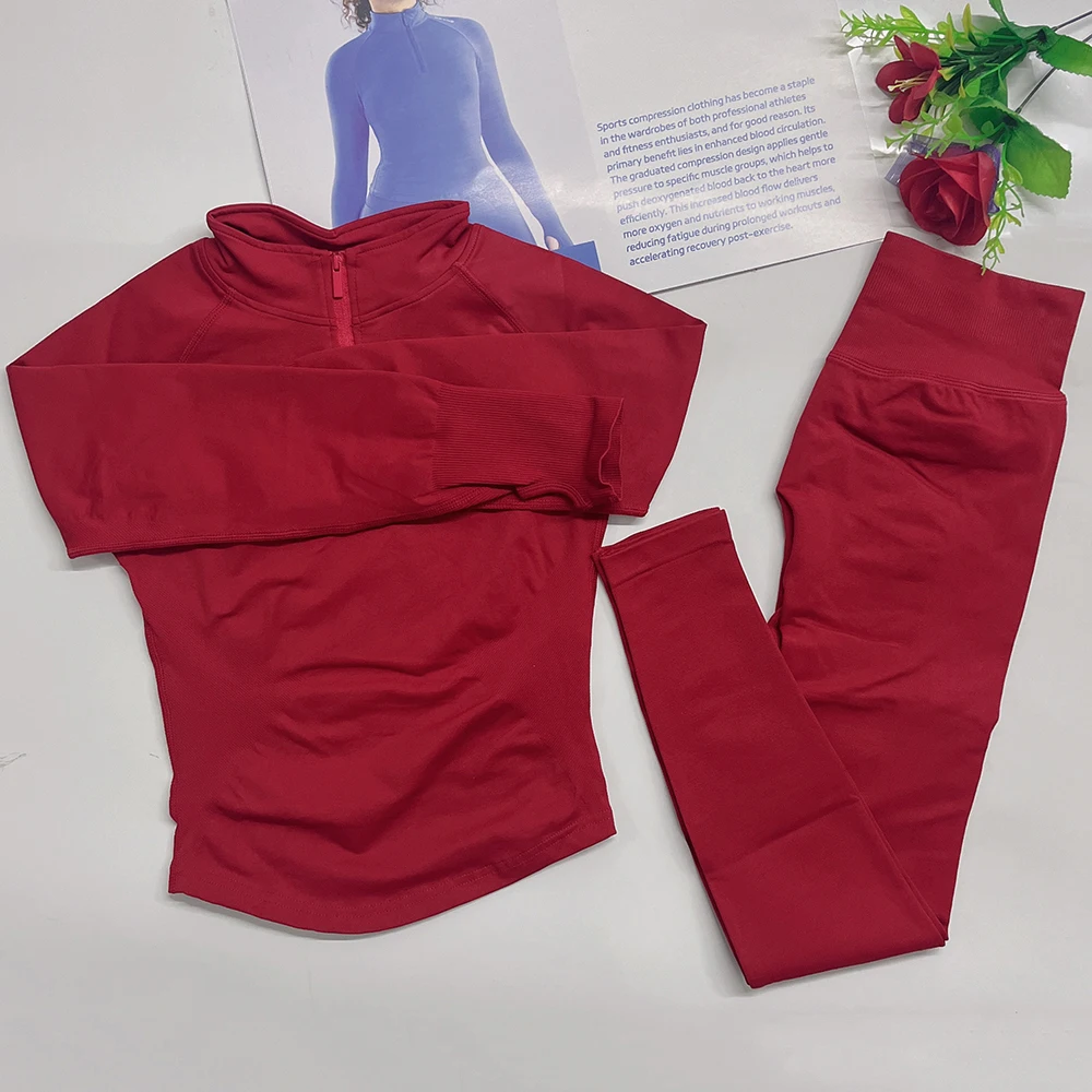 Top de gimnasio de manga larga con cierre parcial, leggings, camiseta para correr, conjuntos de yoga para mujer, ropa deportiva, conjunto de pantalones para entrenamiento de fitness en el gimnasio.