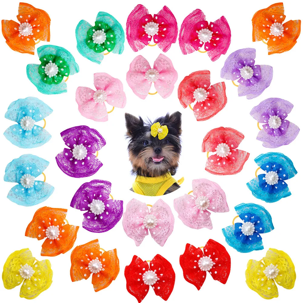 100 Uds. Accesorios para el cabello de perros a granel, lazos para el pelo de perros con banda de goma de encaje Diomand, lazos para perros pequeños, suministros para mascotas