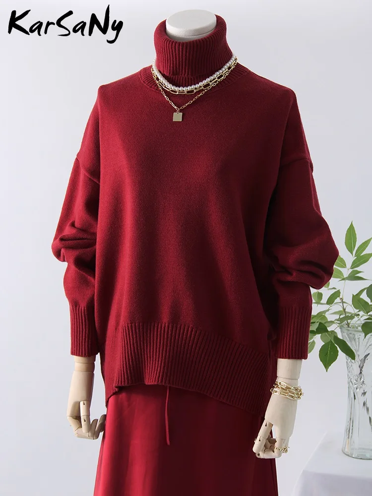 Suéteres gruesos de gran tamaño con cuello alto para mujer, jerséis blancos cálidos de invierno, suéter de punto de cuello alto de gran tamaño para mujer, ropa mujer tendencia 2025, jersey navideños