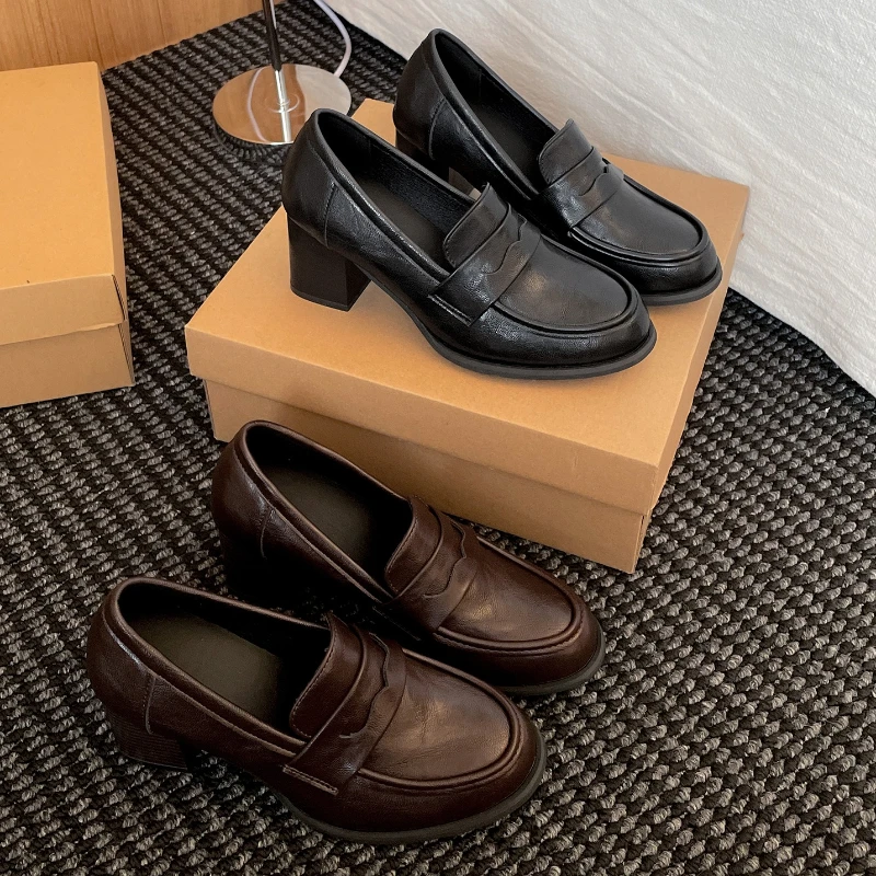 Zapatos Vintage de tacón grueso de cuero para mujer, zapatos Mary Jane concisos sin cordones para fiesta y banquete, novedad de primavera y otoño de 2026, zapatos de tacón para mujer