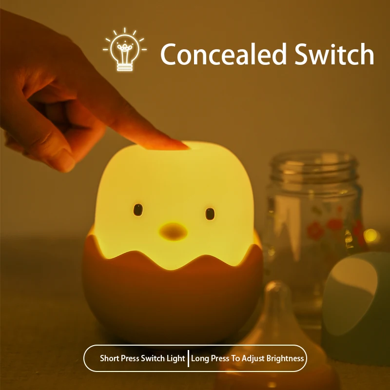 Luz nocturna de pollo de cáscara de huevo, luz LED de dibujos animados para dormitorio, luz ajustable táctil, luz cálida recargable, luz de ambiente