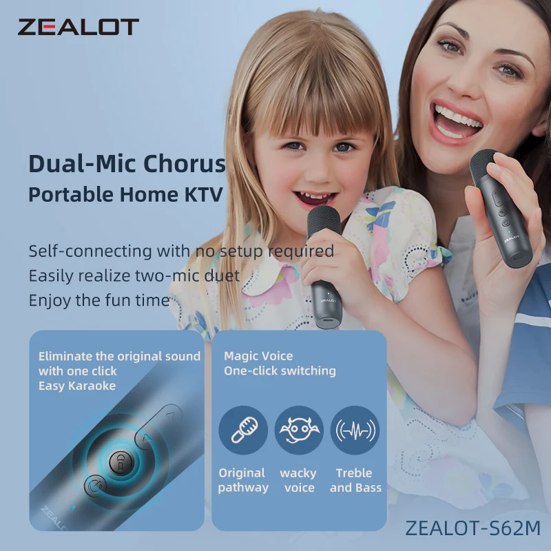 Máquina de Karaoke ZEALOT-S62M, Sistema de Altavoces Portátil con Bluetooth 5.3, con 1-2 Micrófonos Inalámbricos, Regalos para el Hogar, la Familia y Festivales