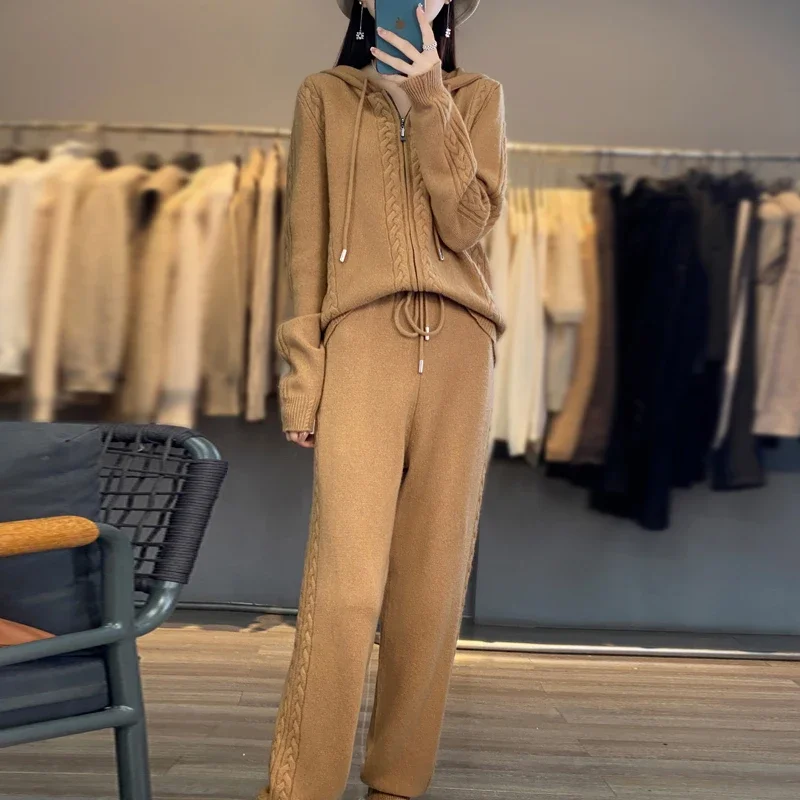 Conjunto de 2 piezas de cárdigan con capucha de cachemira pura para mujer, con diseño de flores trenzadas, suéter holgado y pantalones de pierna ancha, mezcla de lana