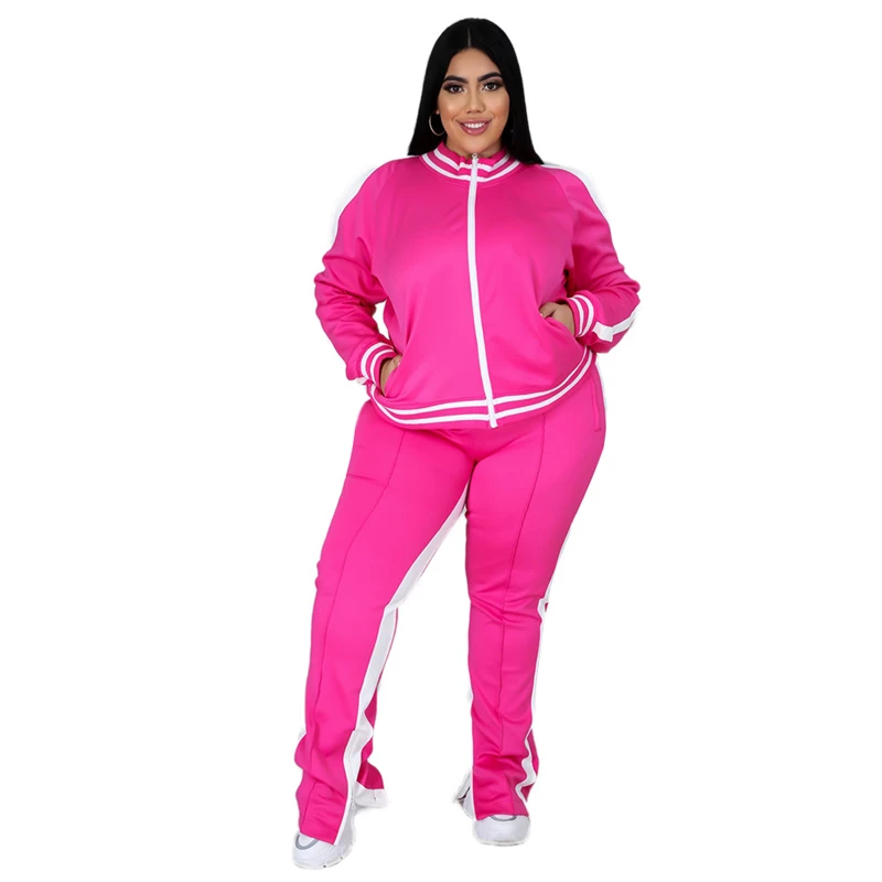 Conjunto de dos piezas de talla grande L-5XL para mujer, chándal con cremallera a rayas, pantalones de chándal con abertura, conjunto para correr, venta al por mayor, triangulación de envíos