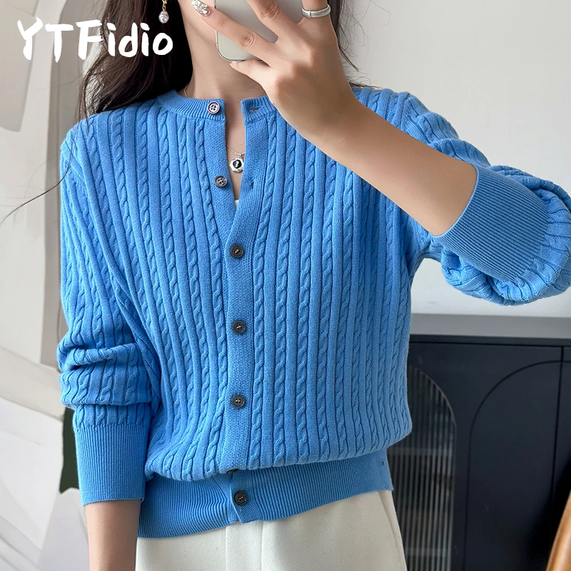 YTFidio 100% de algodón para mujer, cárdigan liso con flores retorcidas y cuello redondo, ropa de diseñador de lujo, jersey para mujer, Tops femeninos 392