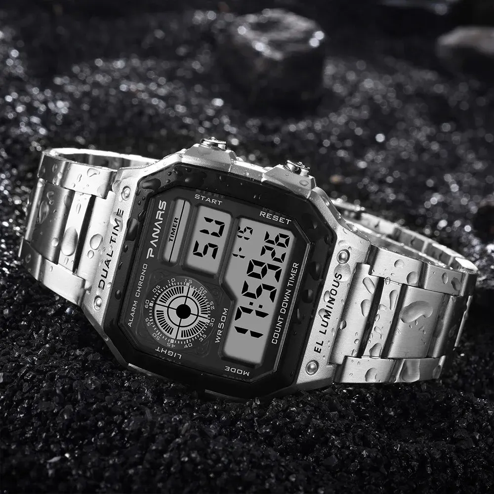 PANARS-reloj deportivo de lujo para hombre, cronógrafo Digital con correa de acero inoxidable, resistente al agua, con luz trasera y alarma