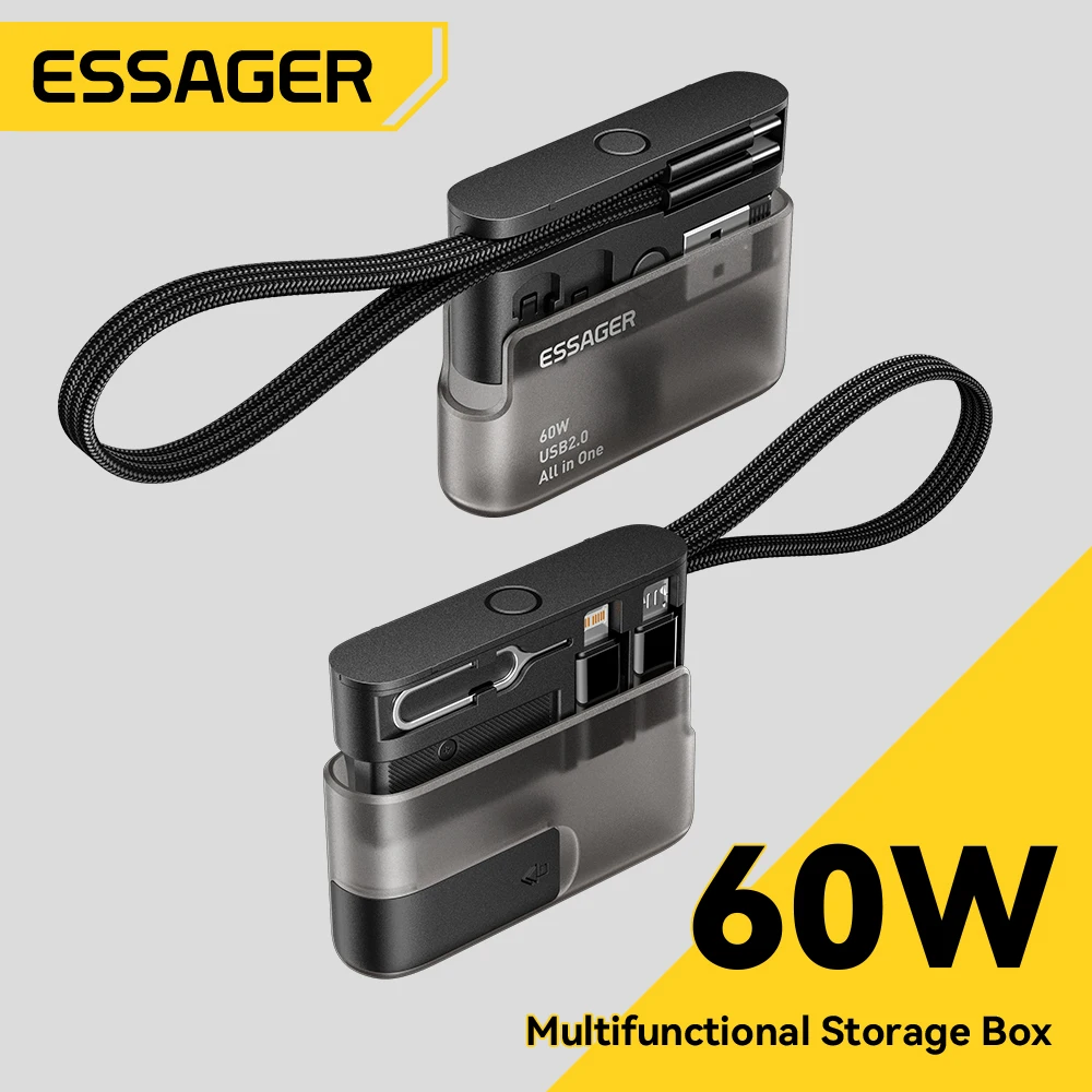 Cable de Datos USB Tipo C Multifuncional Essager PD 60W con Carga Rápida para iPhone 17 16 15, Caja de Almacenamiento con Soporte, Caja de Viaje