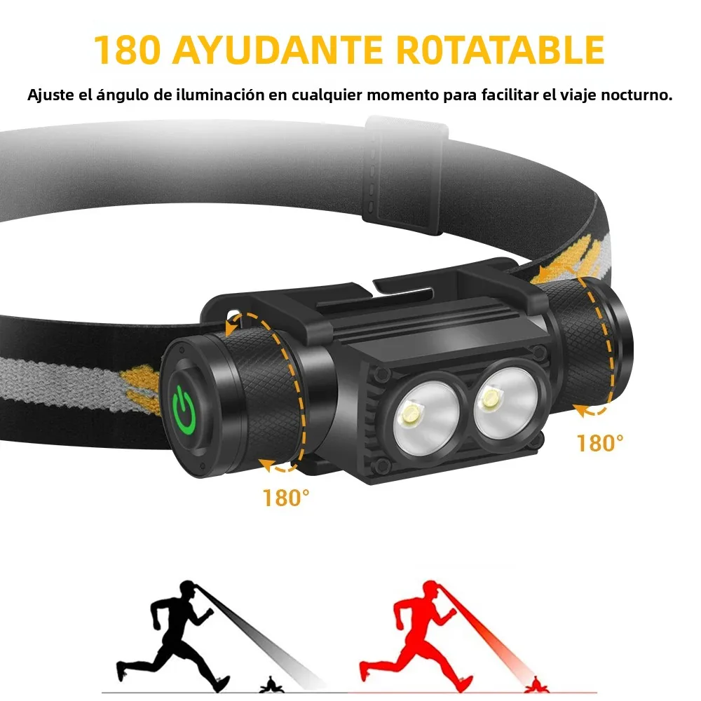 BORUiT D25 faro LED doble 2000LM potente faro tipo C recargable 18650 linterna de cabeza impermeable Camping pesca linterna