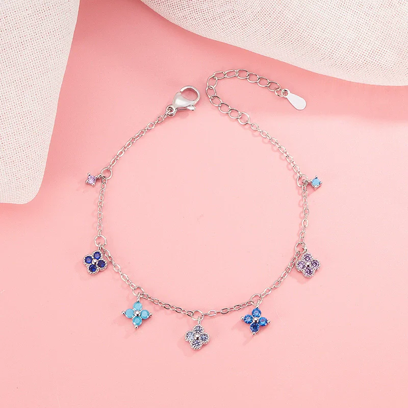 Pulsera y Tobillera de Plata de Ley 925 con Trébol de Cuatro Hojas Multicolor y Diamantes Brillantes para Mujer, Accesorios de Collar, Regalo