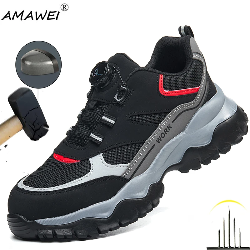 Botas de Trabajo con Hebilla Giratoria, Zapatos de Seguridad Indestructibles para Hombre, Zapatos con Punta de Acero, Zapatillas Antipinchazos, Zapatos de Protección Laboral Antideslizantes