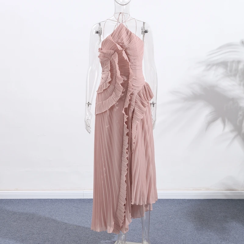 Vestido de noche elegante con tirantes y volantes, vestido de fiesta Sexy con pliegues sólidos y cordones y espalda descubierta, novedad de 2025, bata Y2k para fiesta y vacaciones